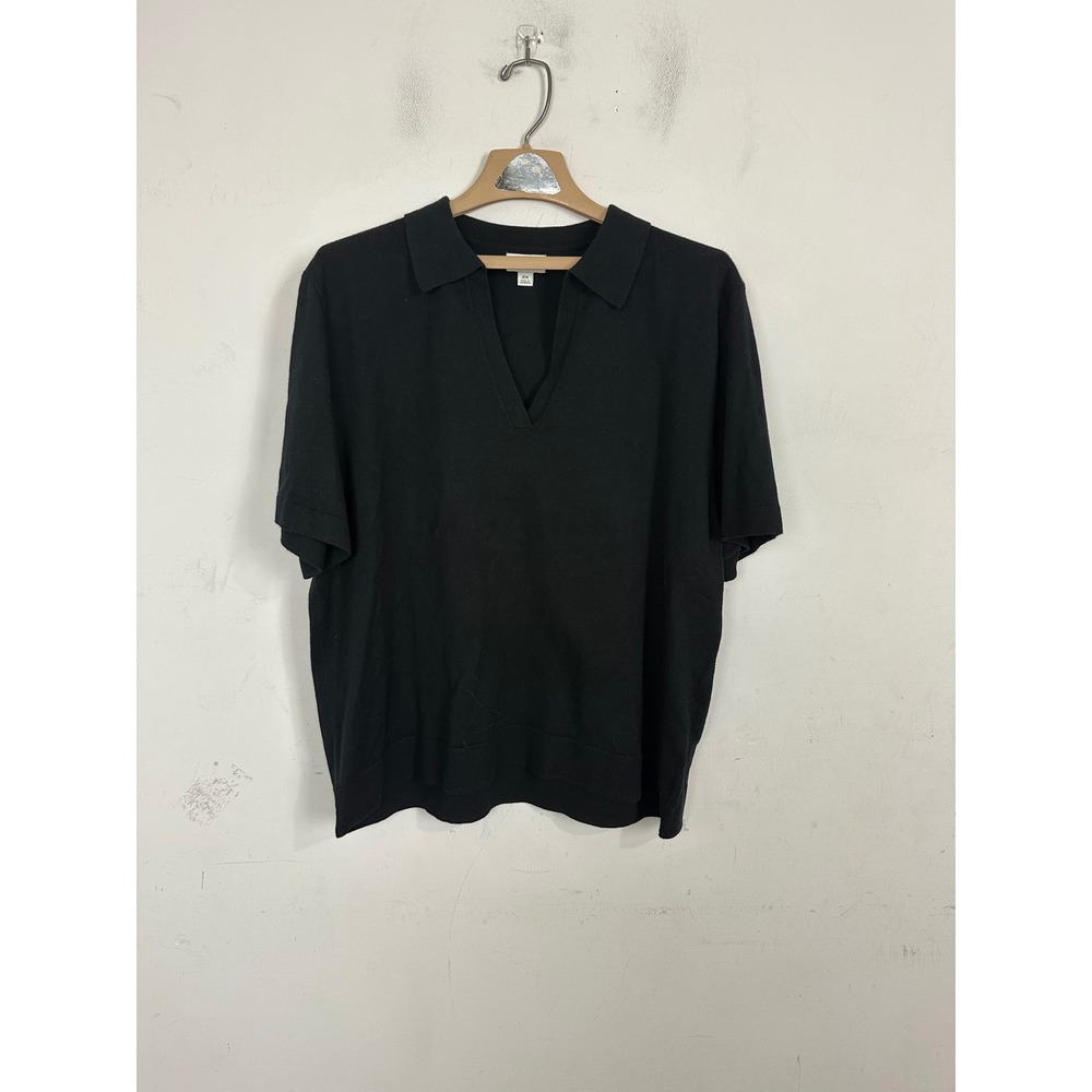 J.Crew Women 2X Black Cotton Cashmere Short Sleeve Polo V-Neck Sweater Top